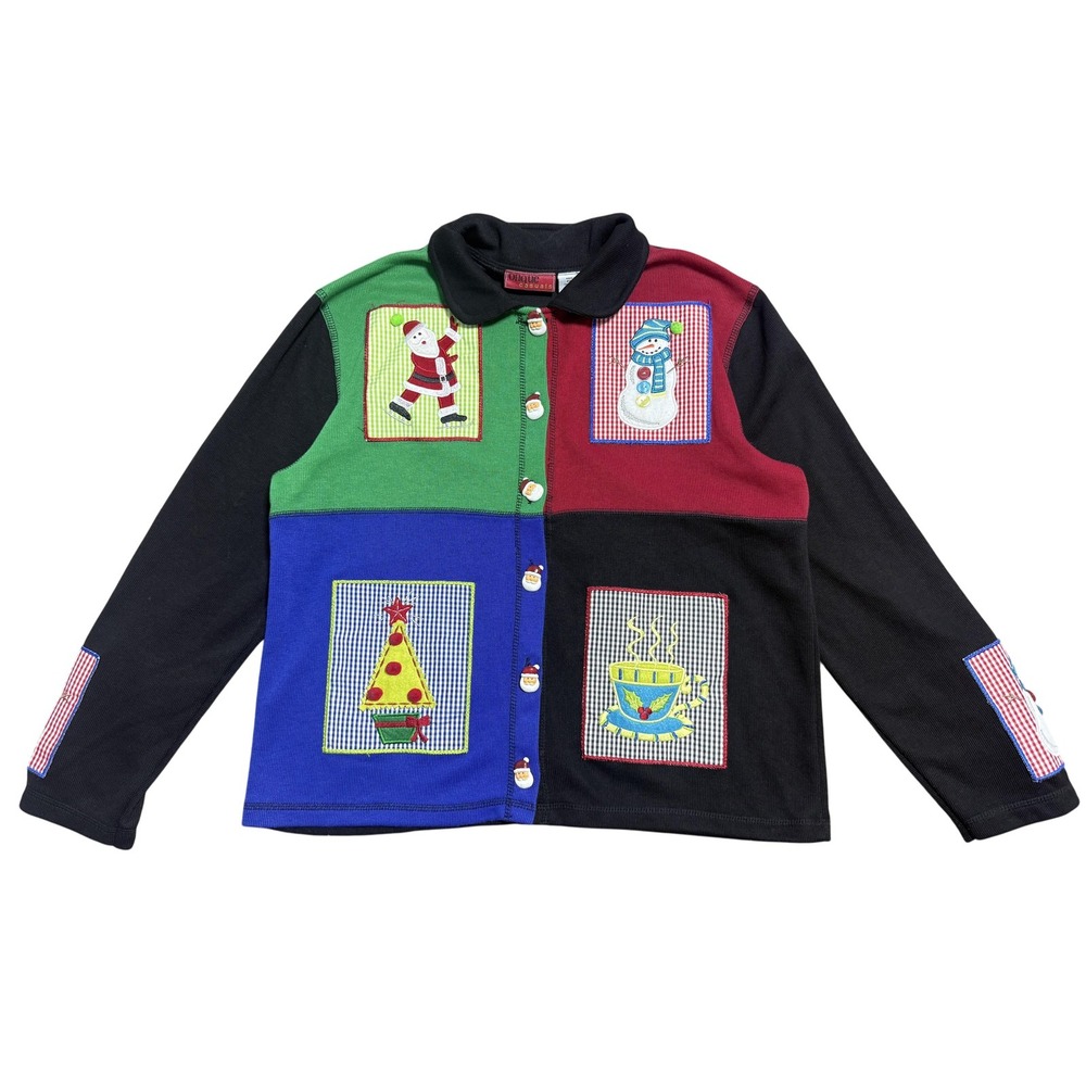 Onque Casuals Sweater‎ Womens Large Black Ugly Christmas Patchwork Button Up